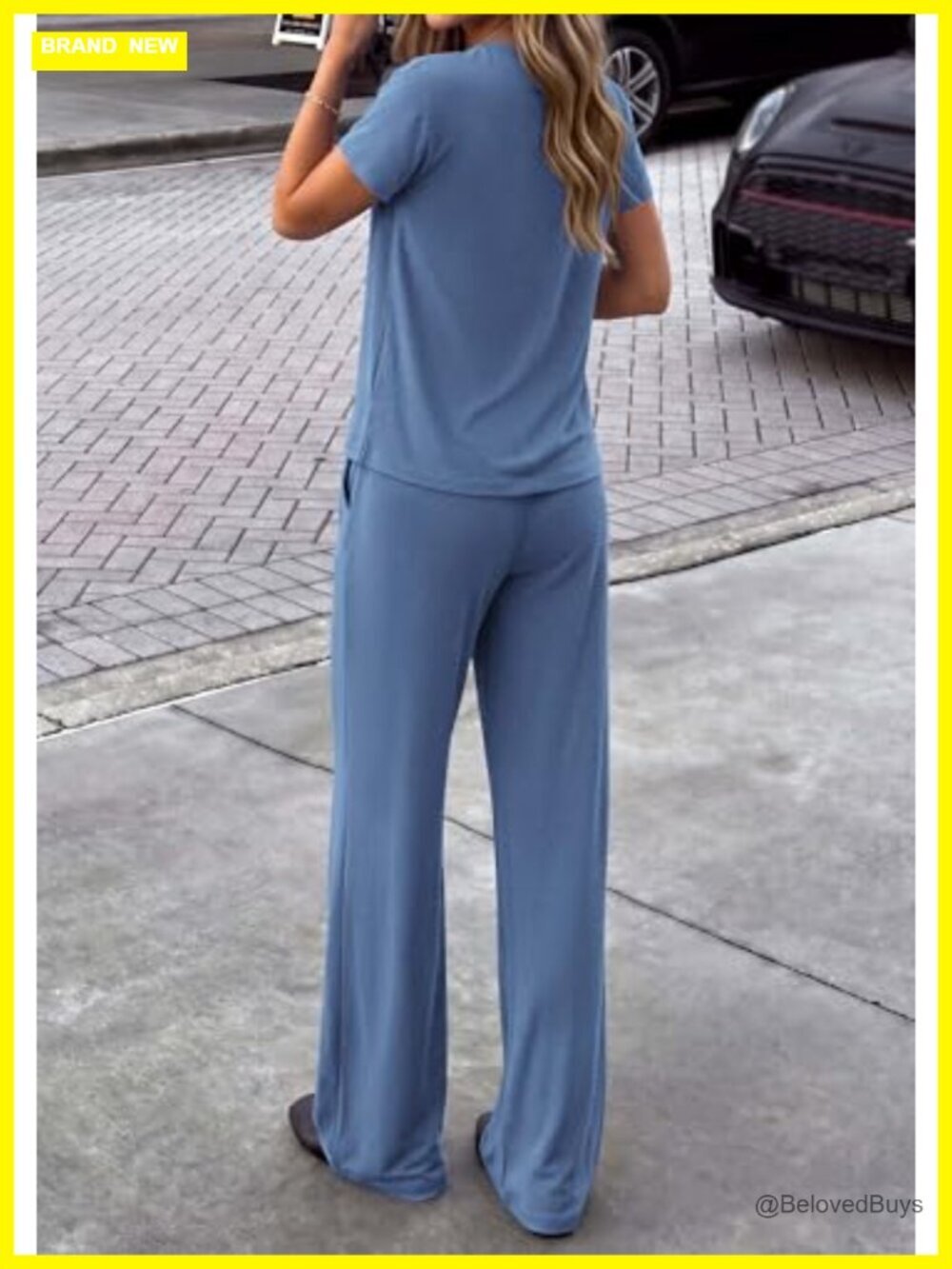 2 Piece Lounge Set Short Sleeve Top Wide Leg Pants Travel Outfit - Picture 4 of 7